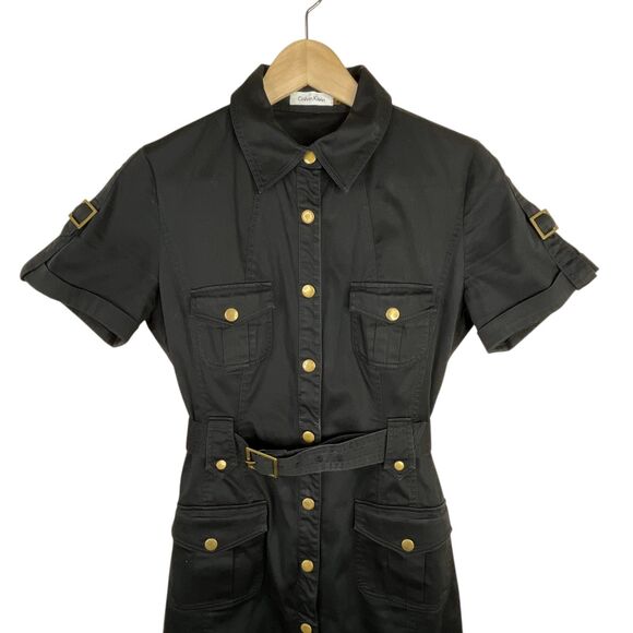 Calvin Klein Belted Safari Mini Dress Sz 8 Black Button-Front Utility Military - Picture 3 of 10